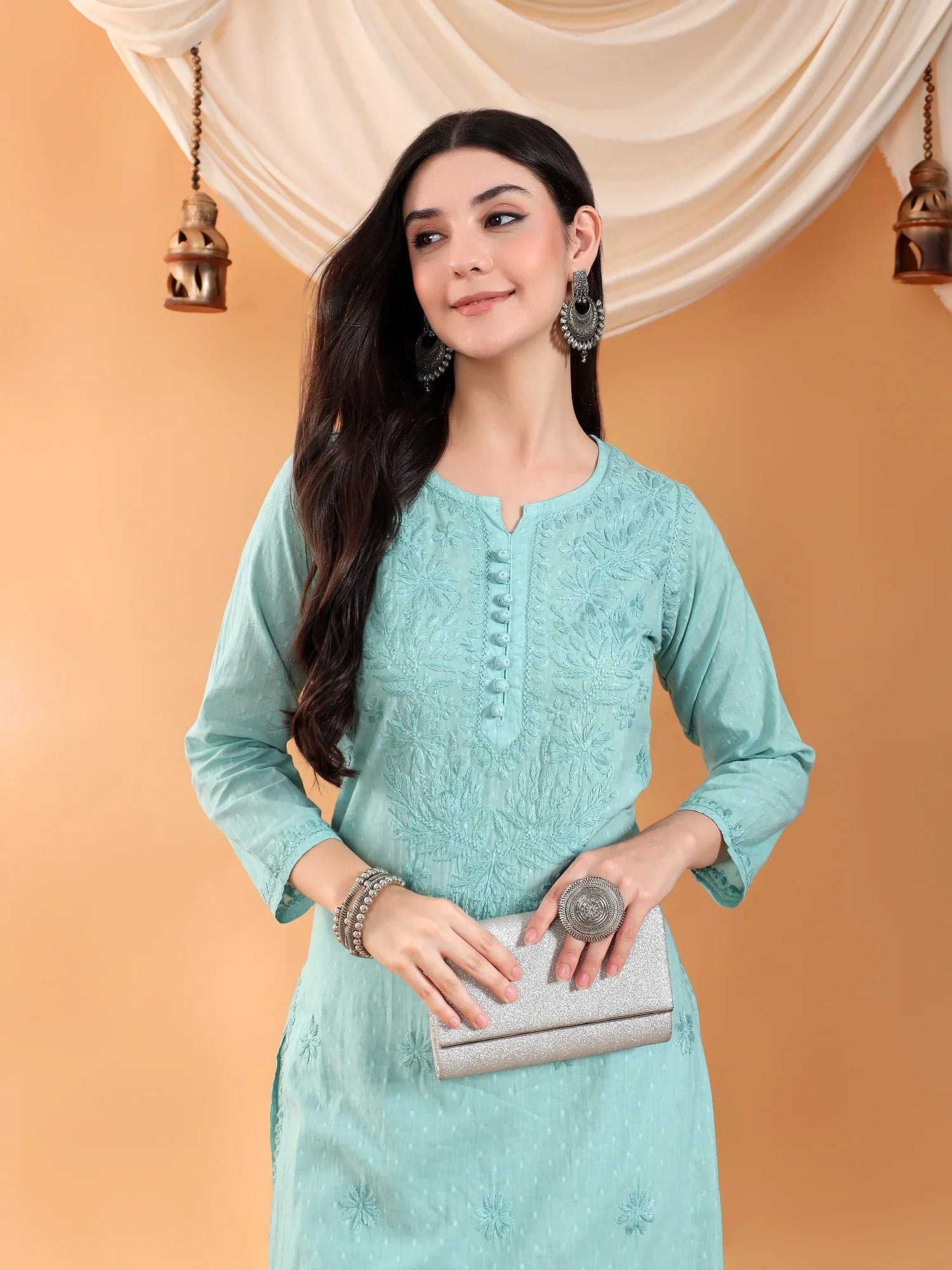 Priya Chikankari Kurta Palazzo Cotton Co-ord Set (Pastel Green) - Image 2