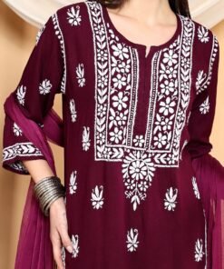 Alternative view of Haya Chikankari Rayon Co-ord Set (Wine)