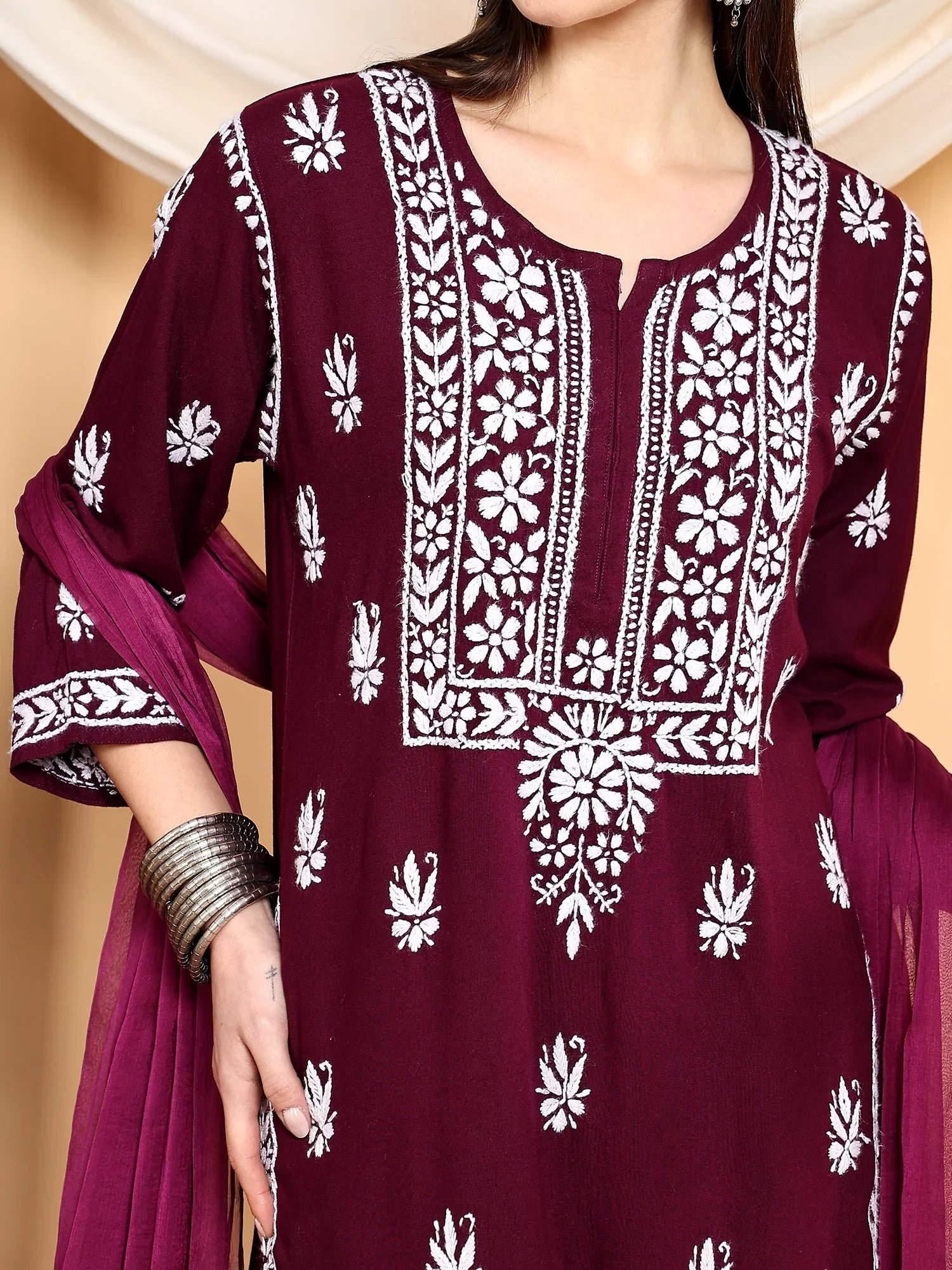 Haya Chikankari Rayon Co-ord Set (Wine) - Image 2