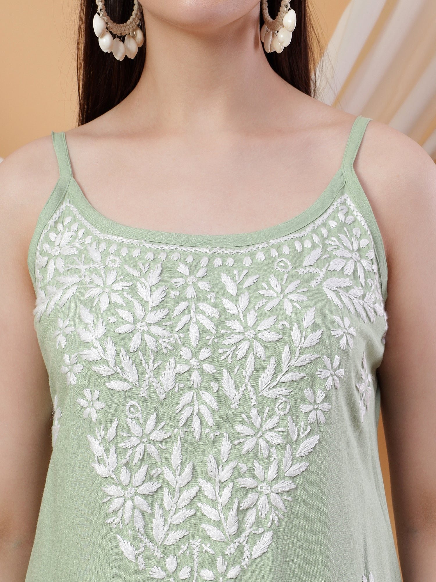 Raha Chikankari Strappy Rayon Co-ord Set (Pastel Green) - Image 2