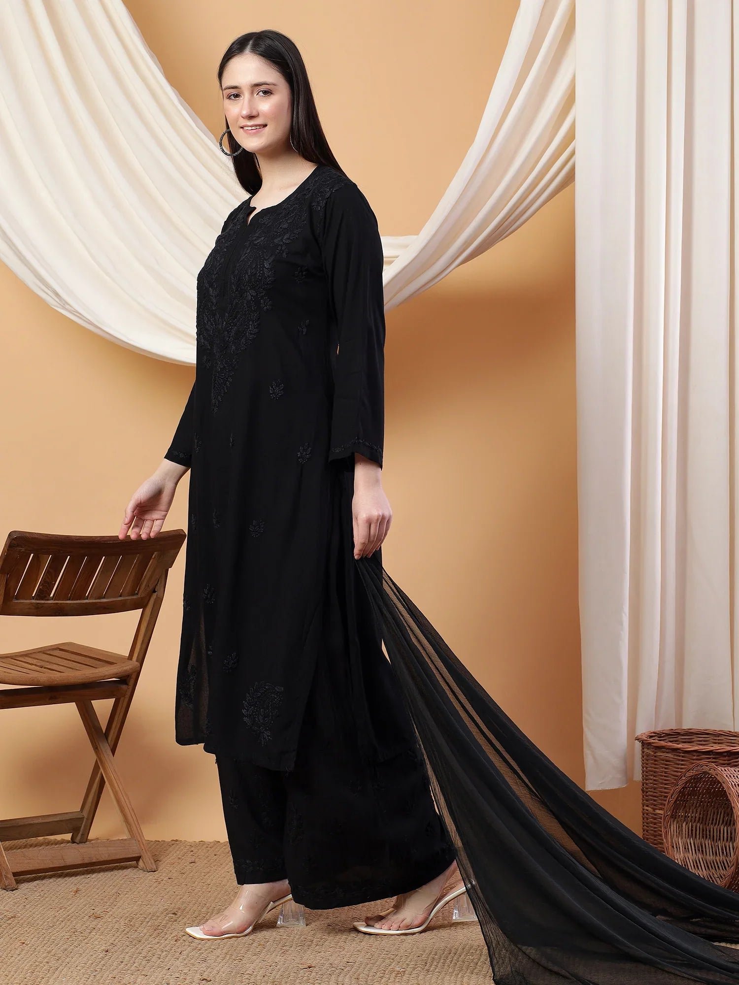 Meher Chikankari Ombre Rayon Co-ord Set (Black) - Image 2