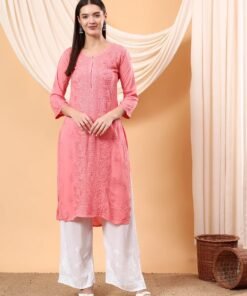 Alina Chikankari Modal Straight Kurta (Peach Pink)
