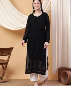 Dua Premium Viscose 3D Chikankari Straight Kurta (Black)