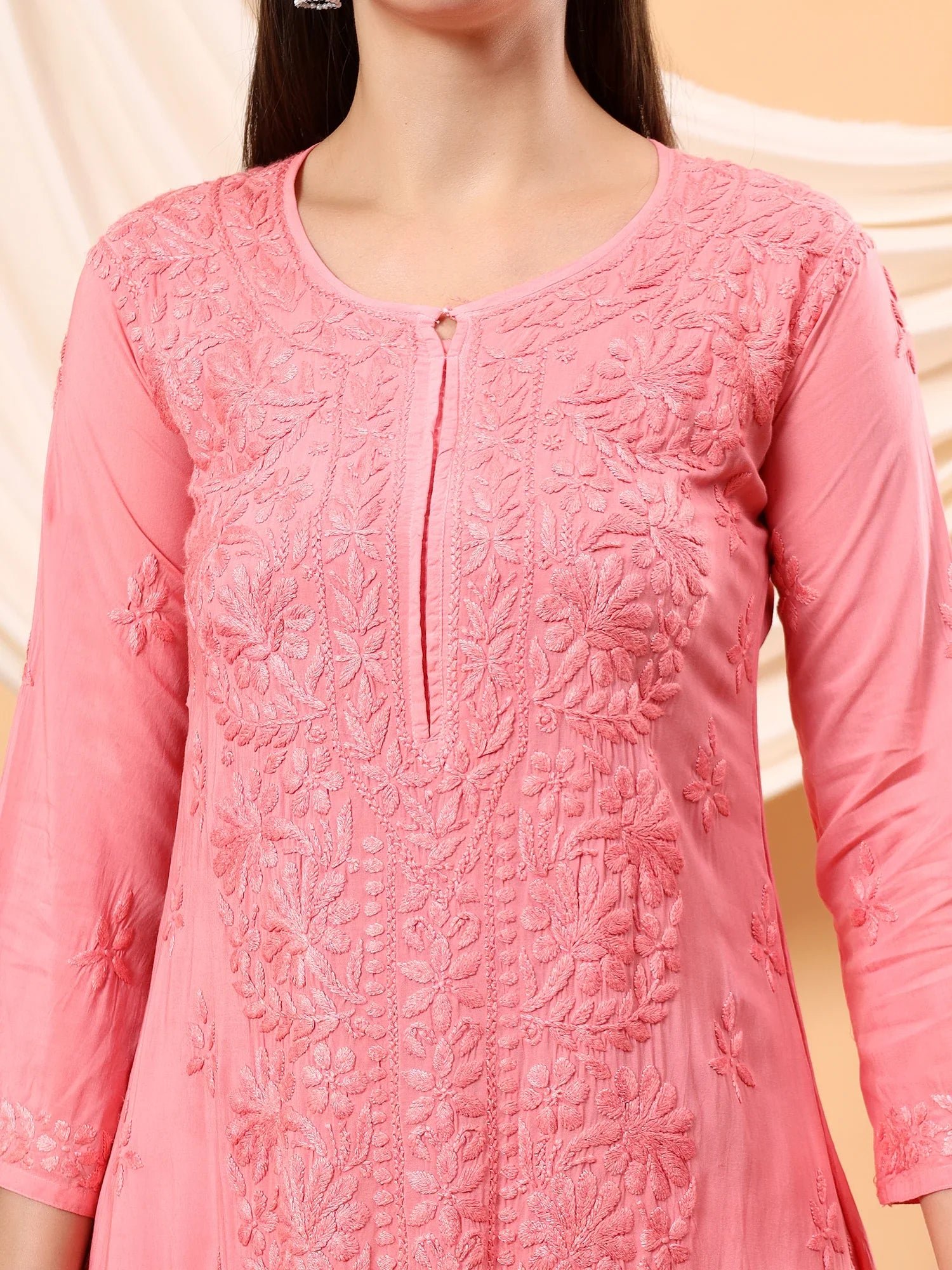 Alina Chikankari Modal Straight Kurta (Peach Pink) - Image 2