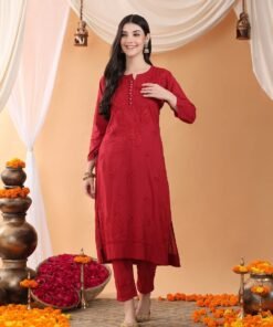 Ananya Chikankari Kurta Pant Cotton Co-ord Set (Maroon) - Image 3