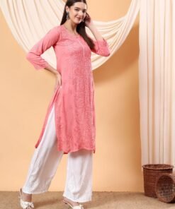 Alina Chikankari Modal Straight Kurta (Peach Pink) - Image 3