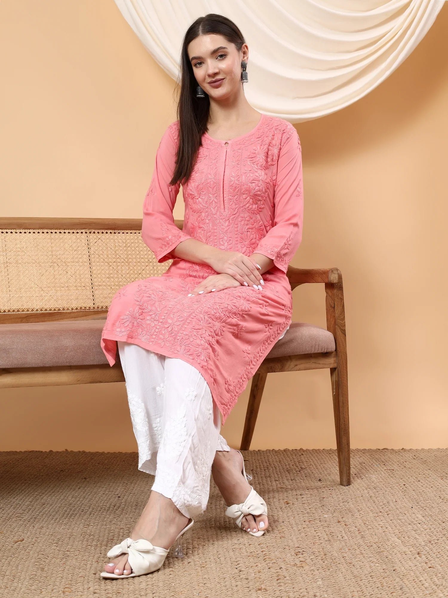 Alina Chikankari Modal Straight Kurta (Peach Pink) - Image 5