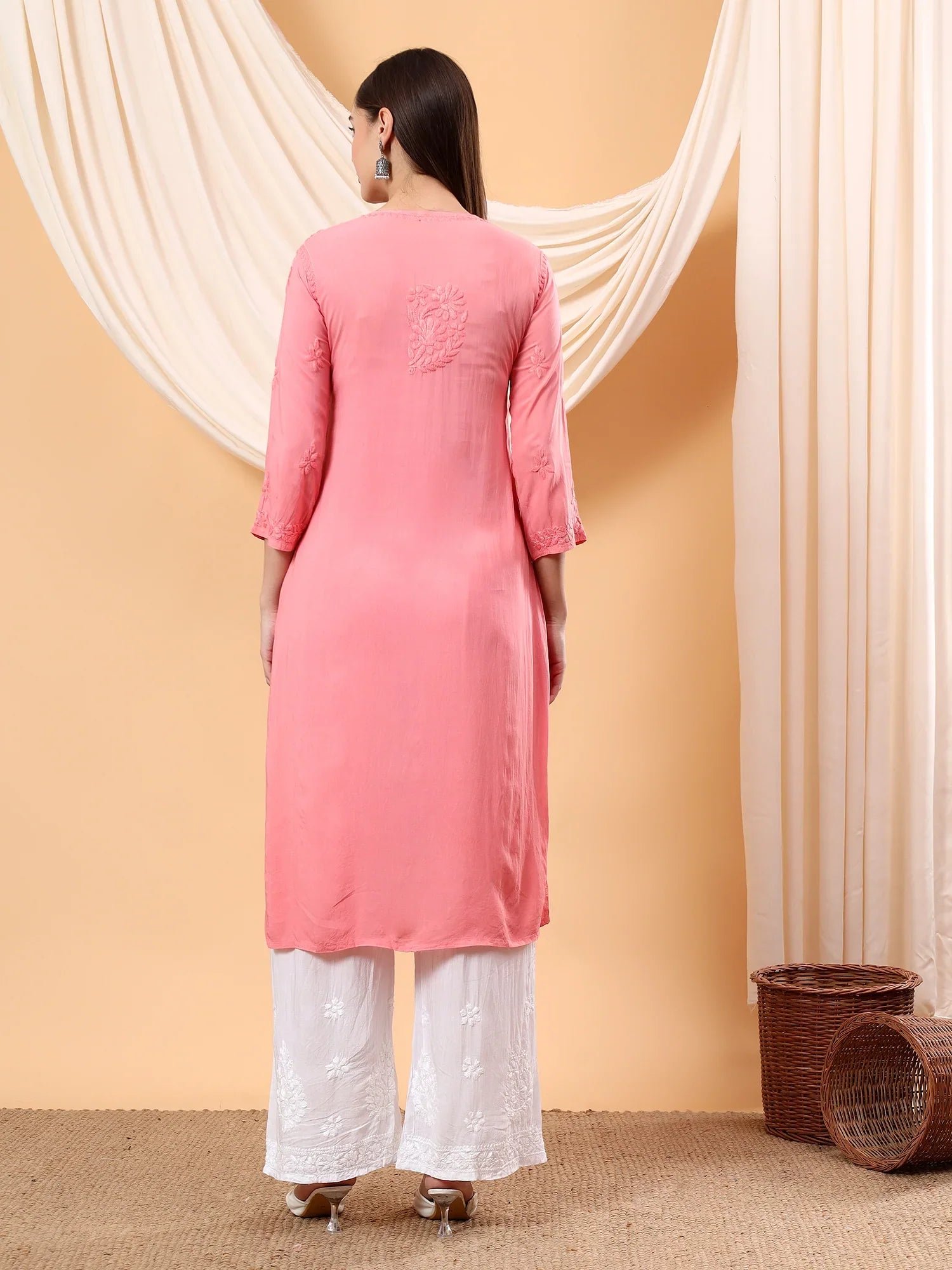 Alina Chikankari Modal Straight Kurta (Peach Pink) - Image 6
