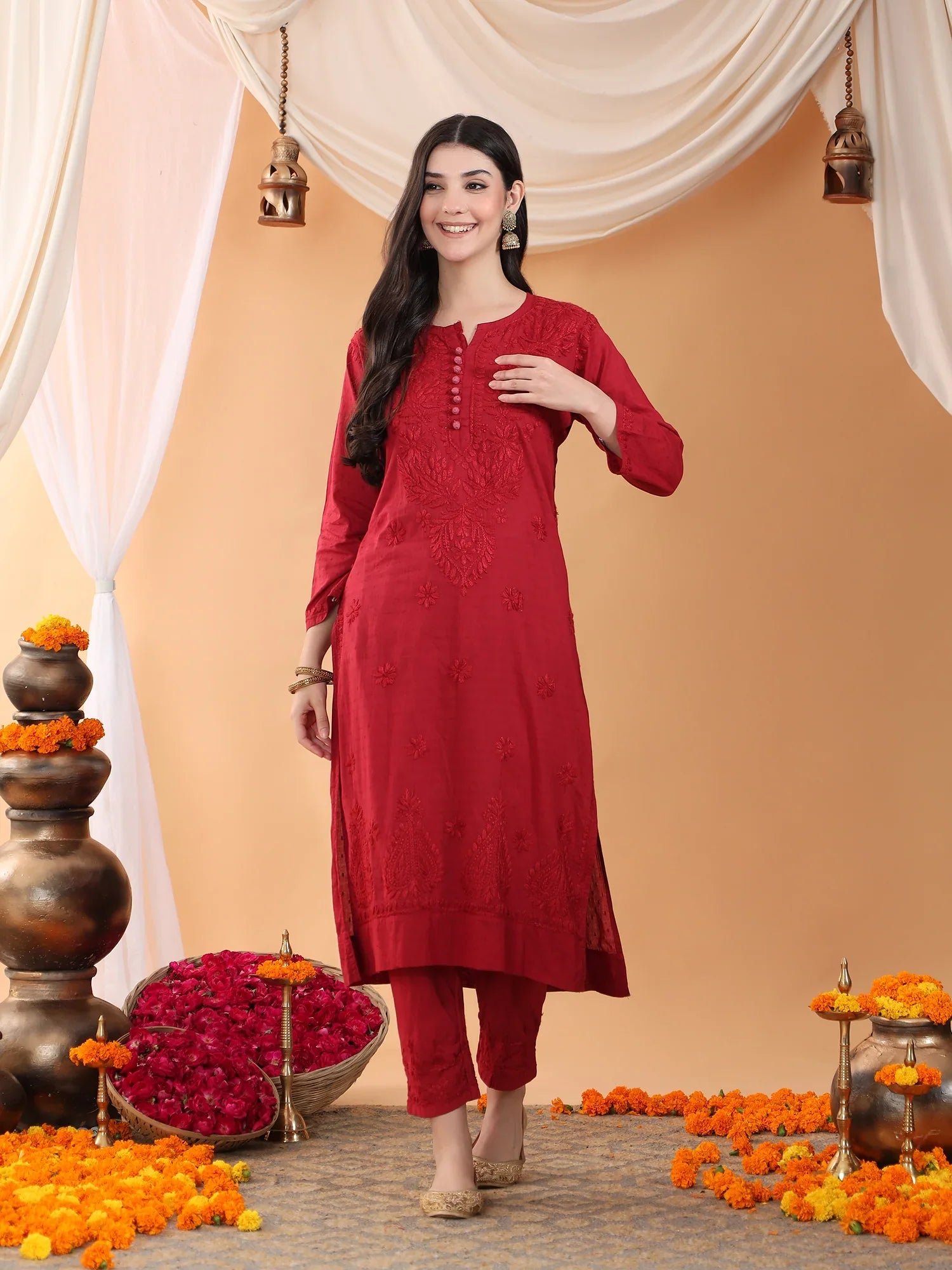 Ananya Chikankari Kurta Pant Cotton Co-ord Set (Maroon) - Image 3