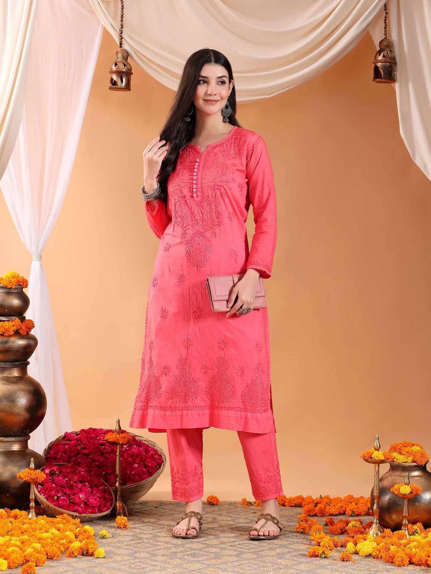 Ananya Chikankari Kurta Pant Cotton Co-ord Set (Coral) - Image 3