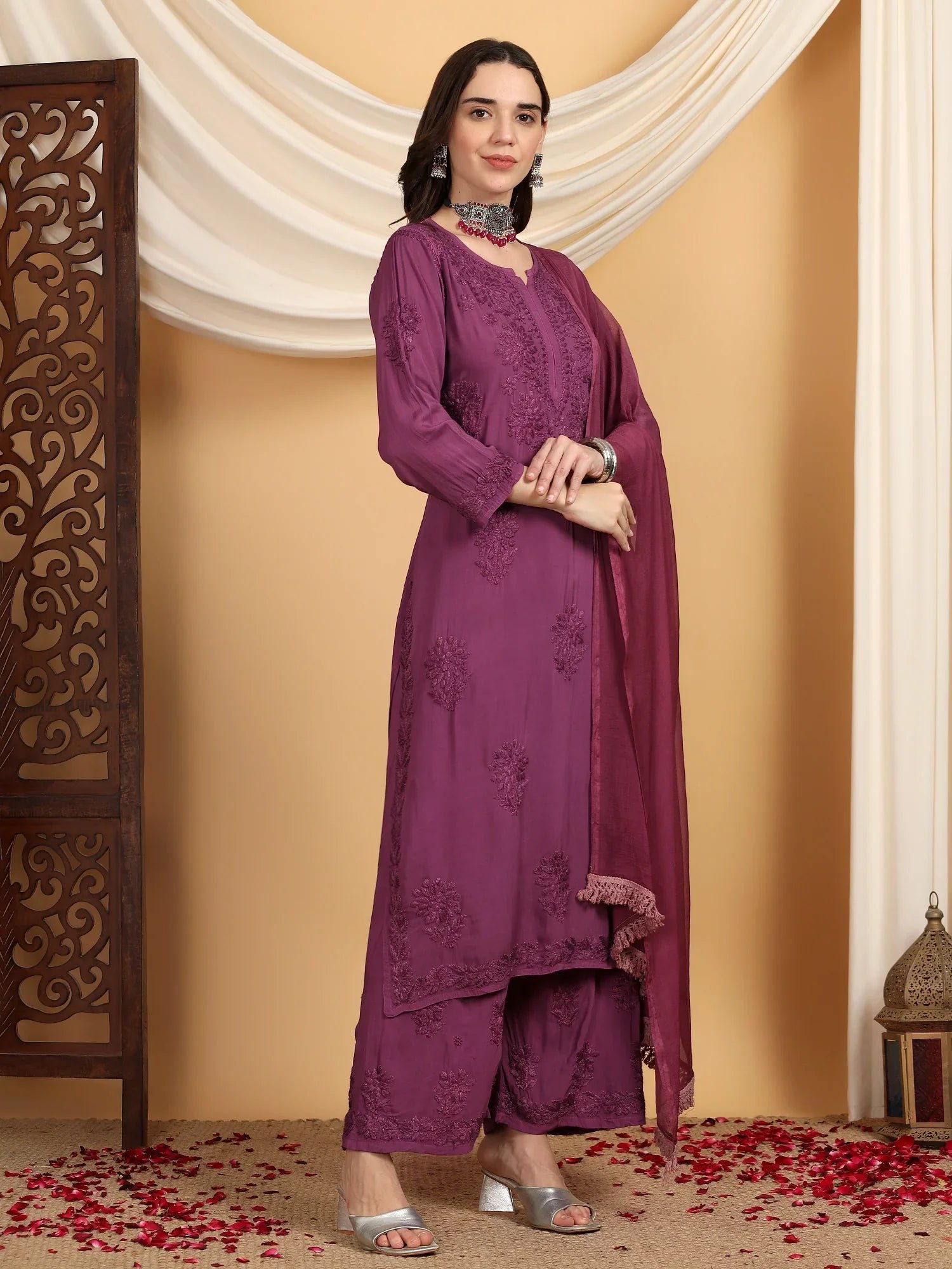 Farha Chikankari Premium Modal Co-ord Set (Wine) - Image 5