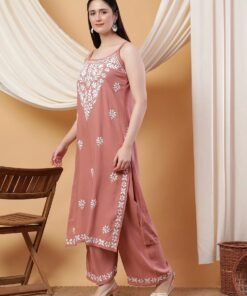 Raha Chikankari Strappy Rayon Co-ord Set (Nude Coral) - Image 4