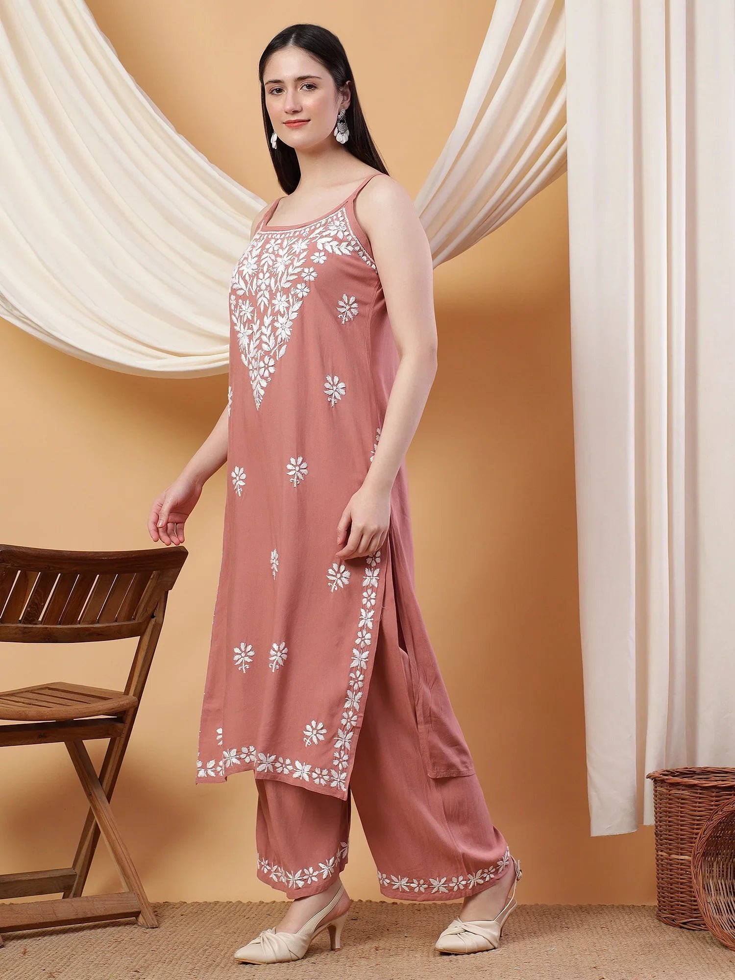Raha Chikankari Strappy Rayon Co-ord Set (Nude Coral) - Image 4