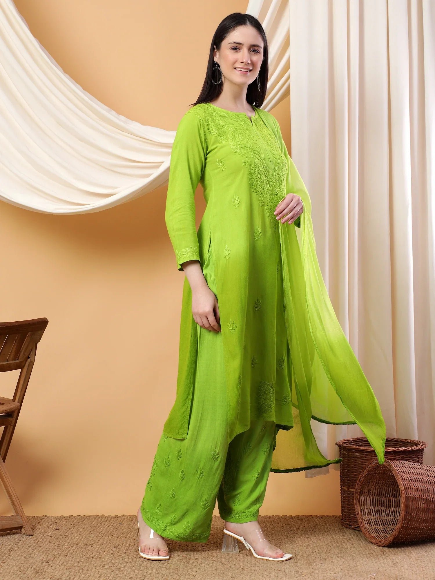Meher Chikankari Ombre Rayon Co-ord Set (Green) - Image 4