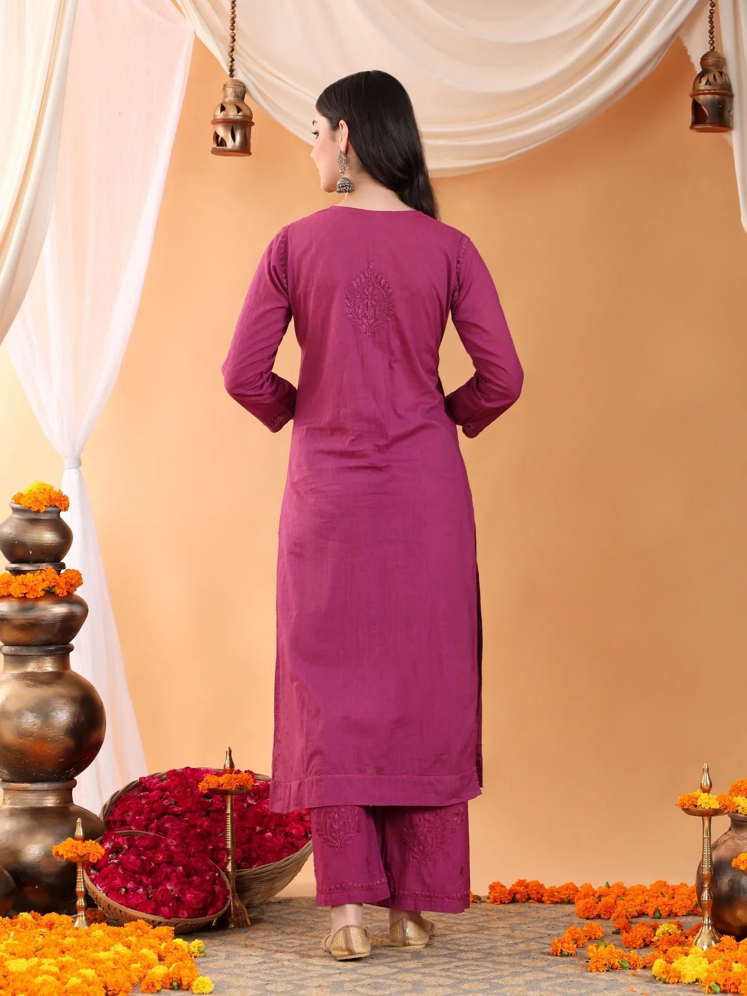 Priya Chikankari Kurta Palazzo Cotton Co-ord Set (Wine) - Image 7