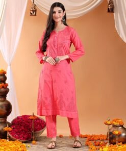 Ananya Chikankari Kurta Pant Cotton Co-ord Set (Coral) - Image 4