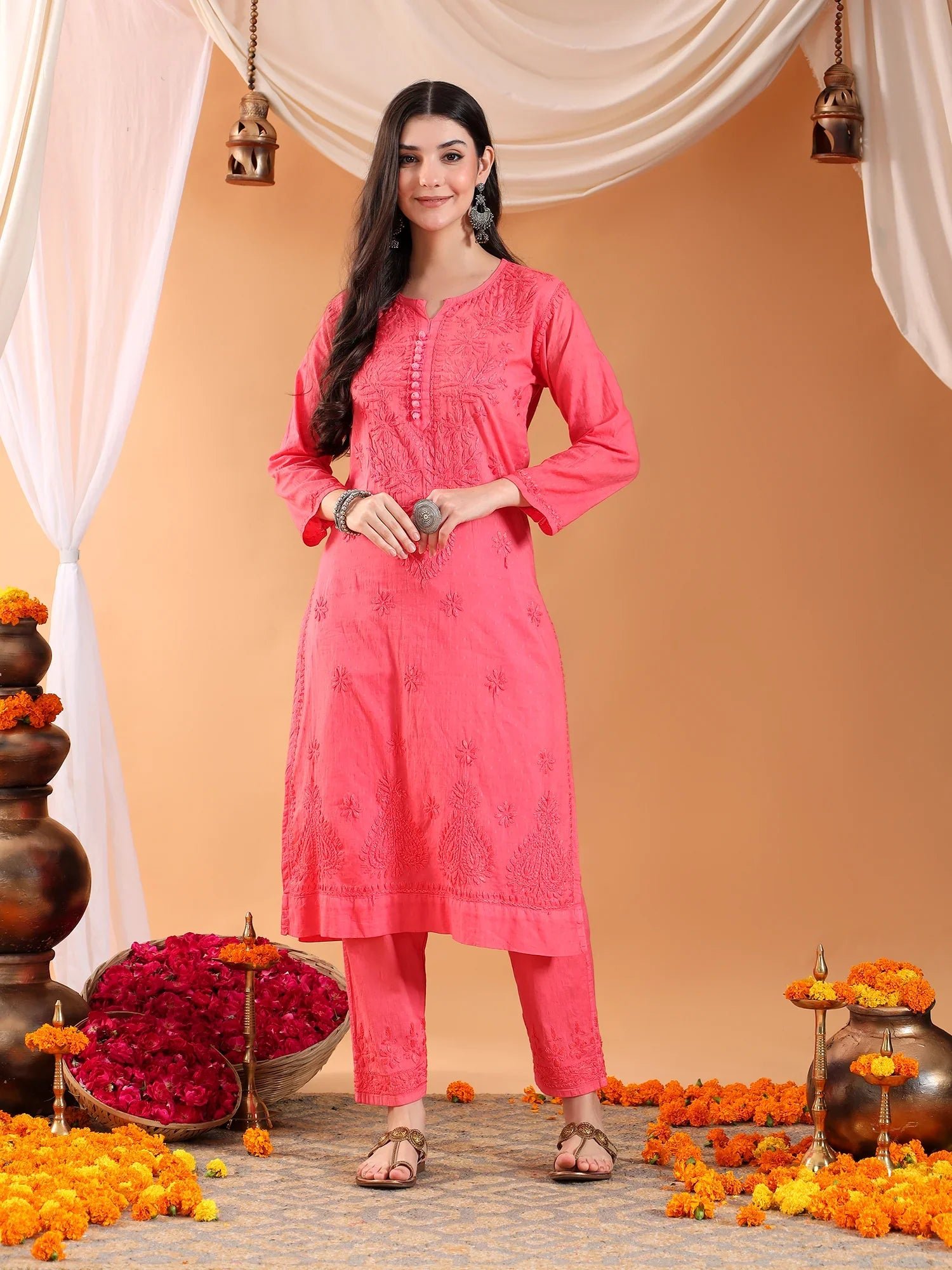Ananya Chikankari Kurta Pant Cotton Co-ord Set (Coral) - Image 4