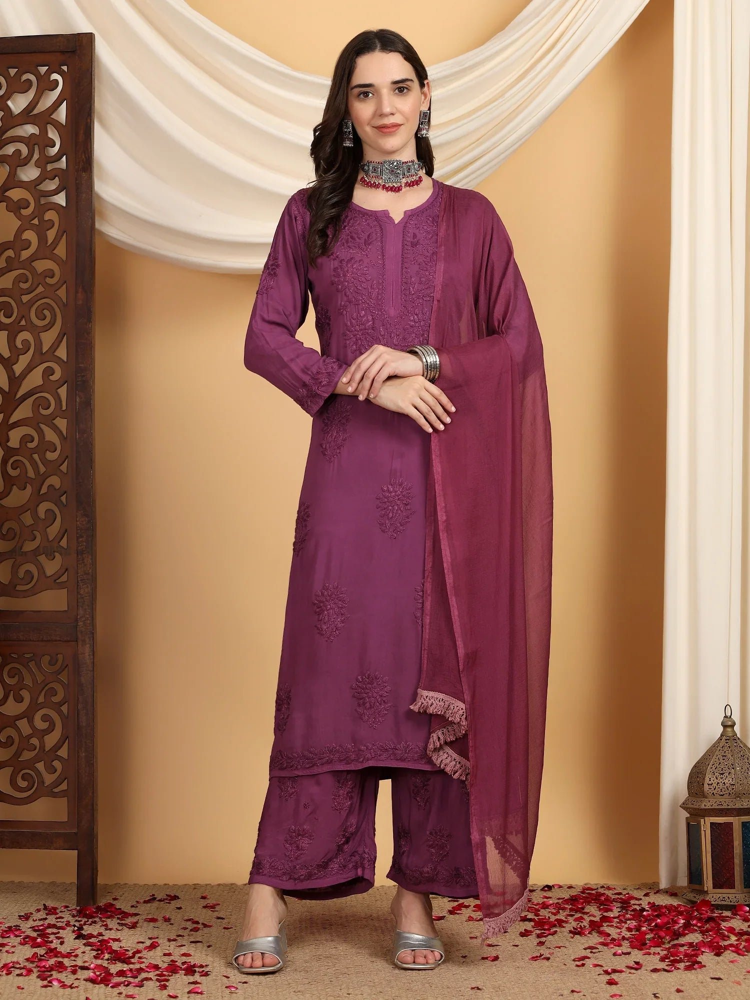 Farha Chikankari Premium Modal Co-ord Set (Wine) - Image 6