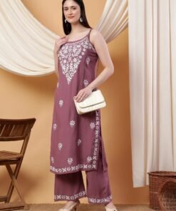 Raha Chikankari Strappy Rayon Co-ord Set (Mauve)
