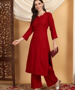 Alternative view of Faiza Chikankari Rayon Co-ord Set (Maroon)