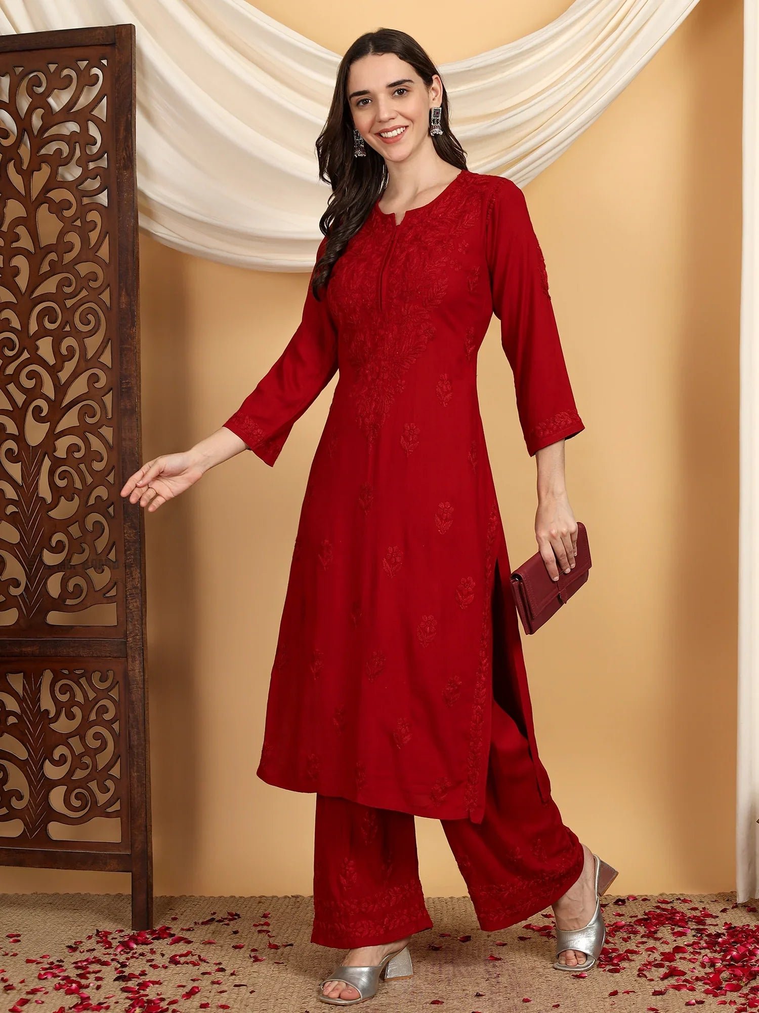 Faiza Chikankari Rayon Co-ord Set (Maroon) - Image 2