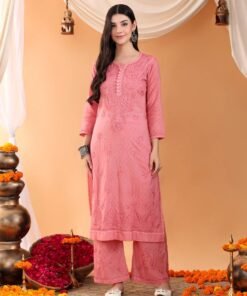 Priya Chikankari Kurta Palazzo Cotton Co-ord Set (Nude Coral)