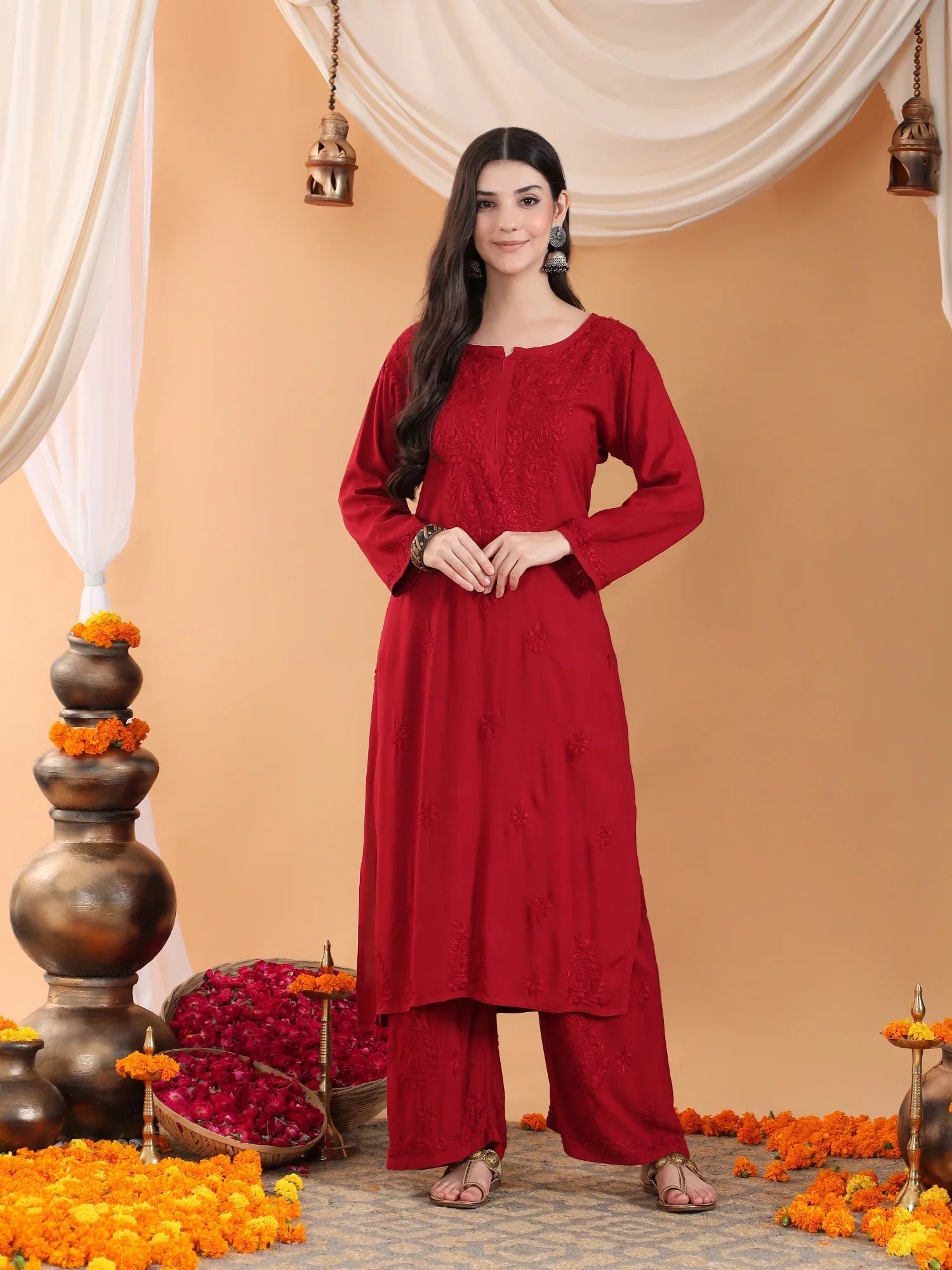 Maryam Chikankari Rayon Co-ord Set (Maroon) - Image 3