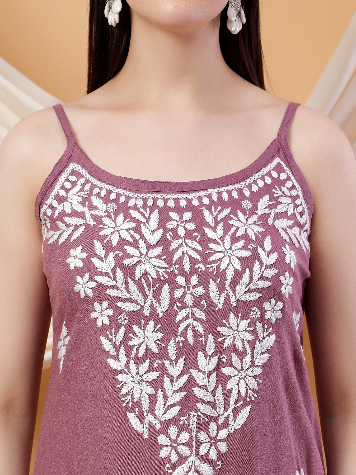 Raha Chikankari Strappy Rayon Co-ord Set (Mauve) - Image 2