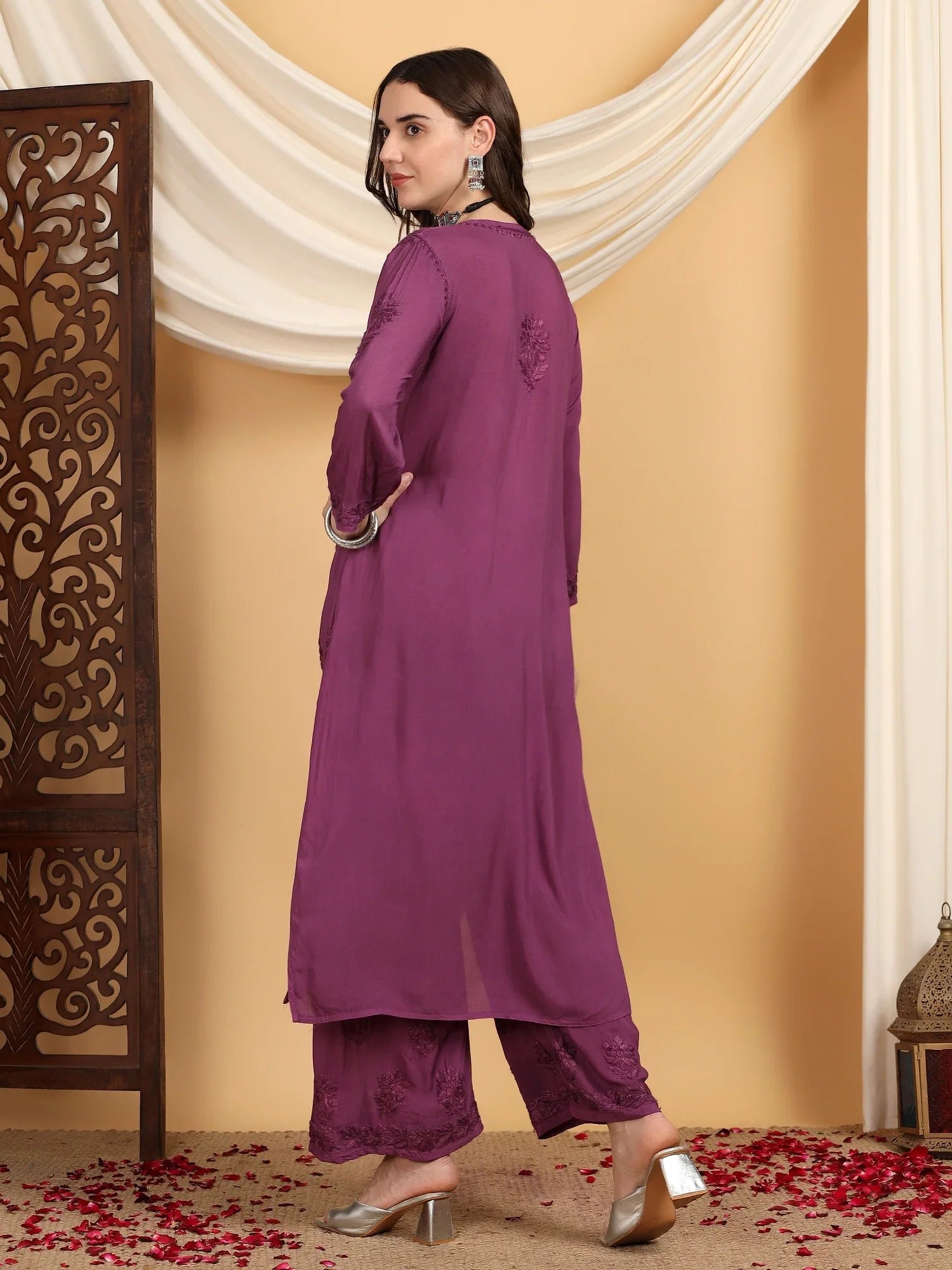 Farha Chikankari Premium Modal Co-ord Set (Wine) - Image 7