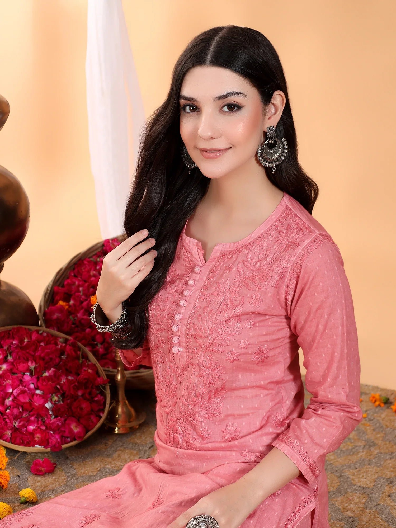 Priya Chikankari Kurta Palazzo Cotton Co-ord Set (Nude Coral) - Image 2