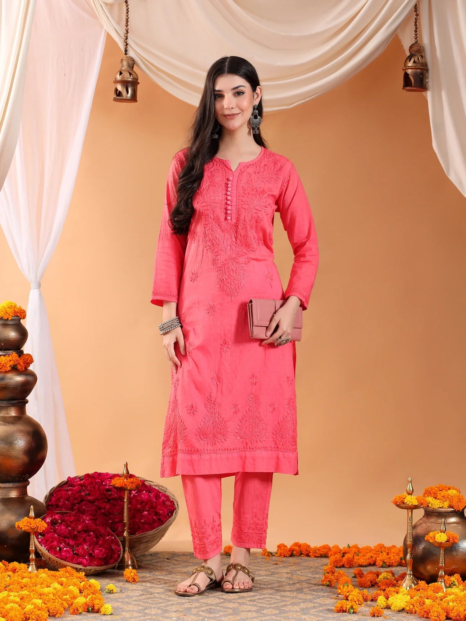 Ananya Chikankari Kurta Pant Cotton Co-ord Set (Coral) - Image 6
