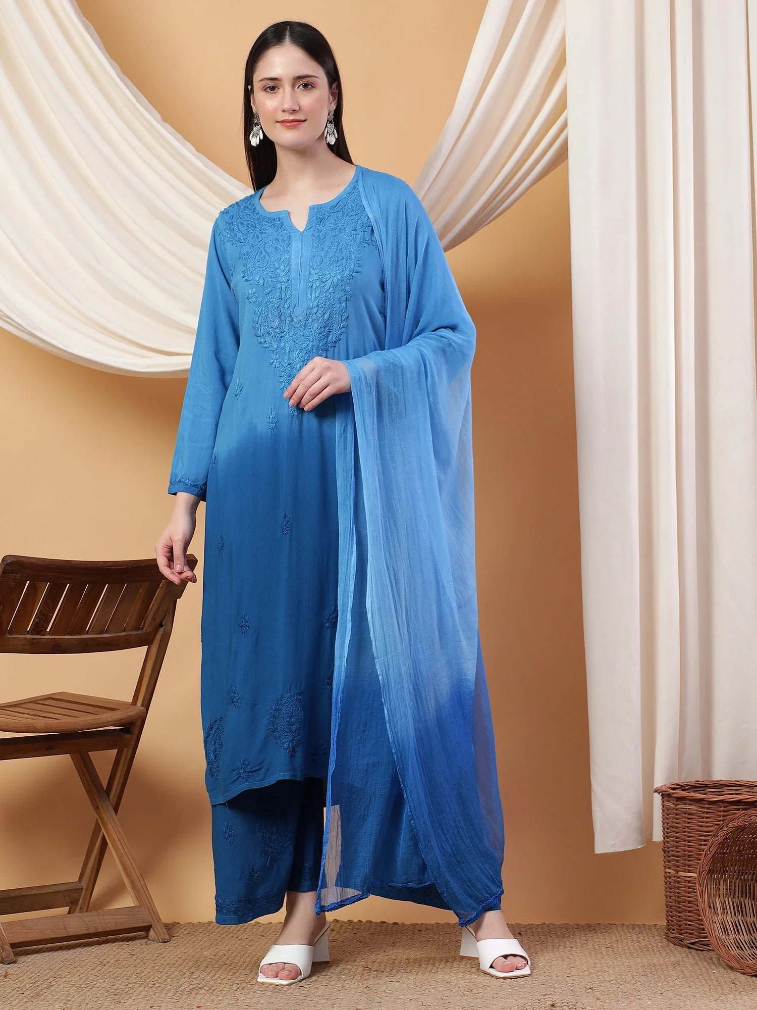 Meher Chikankari Ombre Rayon Co-ord Set (Green) - Image 2