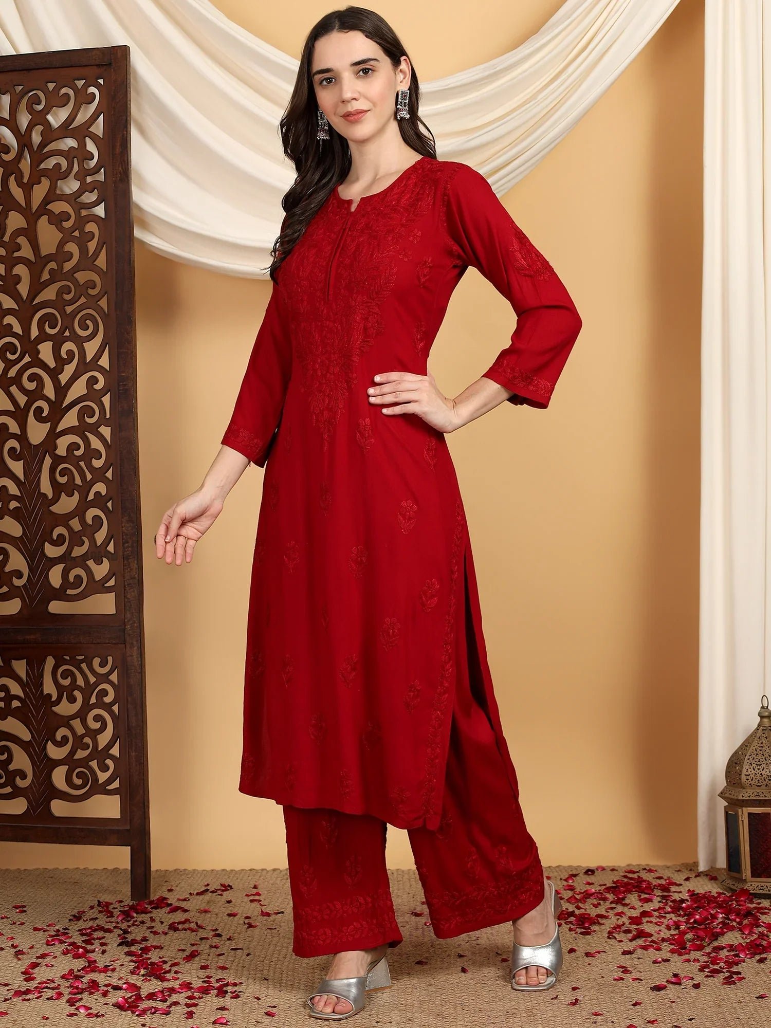 Faiza Chikankari Rayon Co-ord Set (Maroon) - Image 4