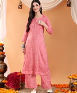 Priya Chikankari Kurta Palazzo Cotton Co-ord Set (Nude Coral) - Image 3