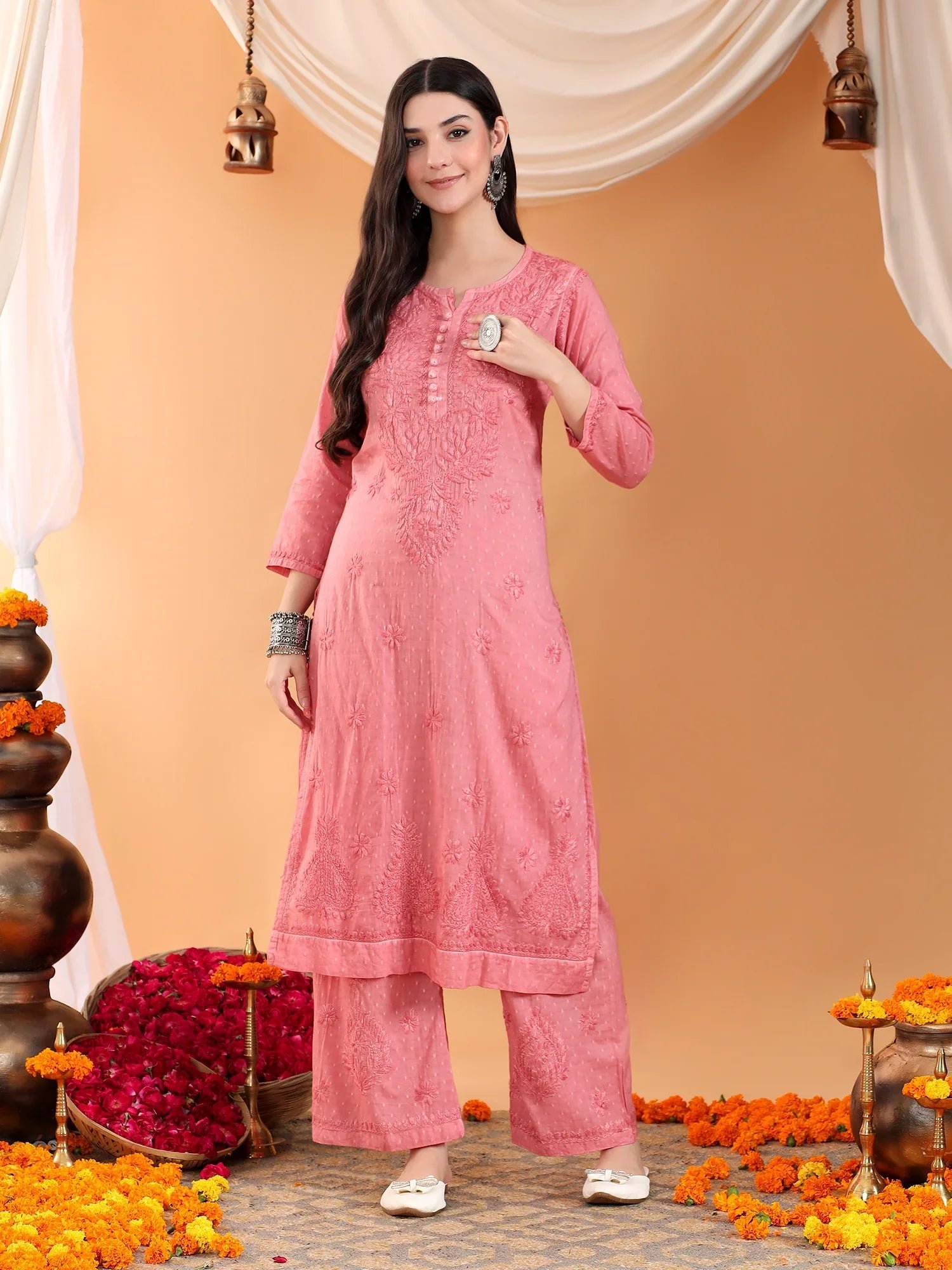 Priya Chikankari Kurta Palazzo Cotton Co-ord Set (Nude Coral) - Image 3