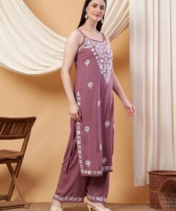 Raha Chikankari Strappy Rayon Co-ord Set (Mauve) - Image 3