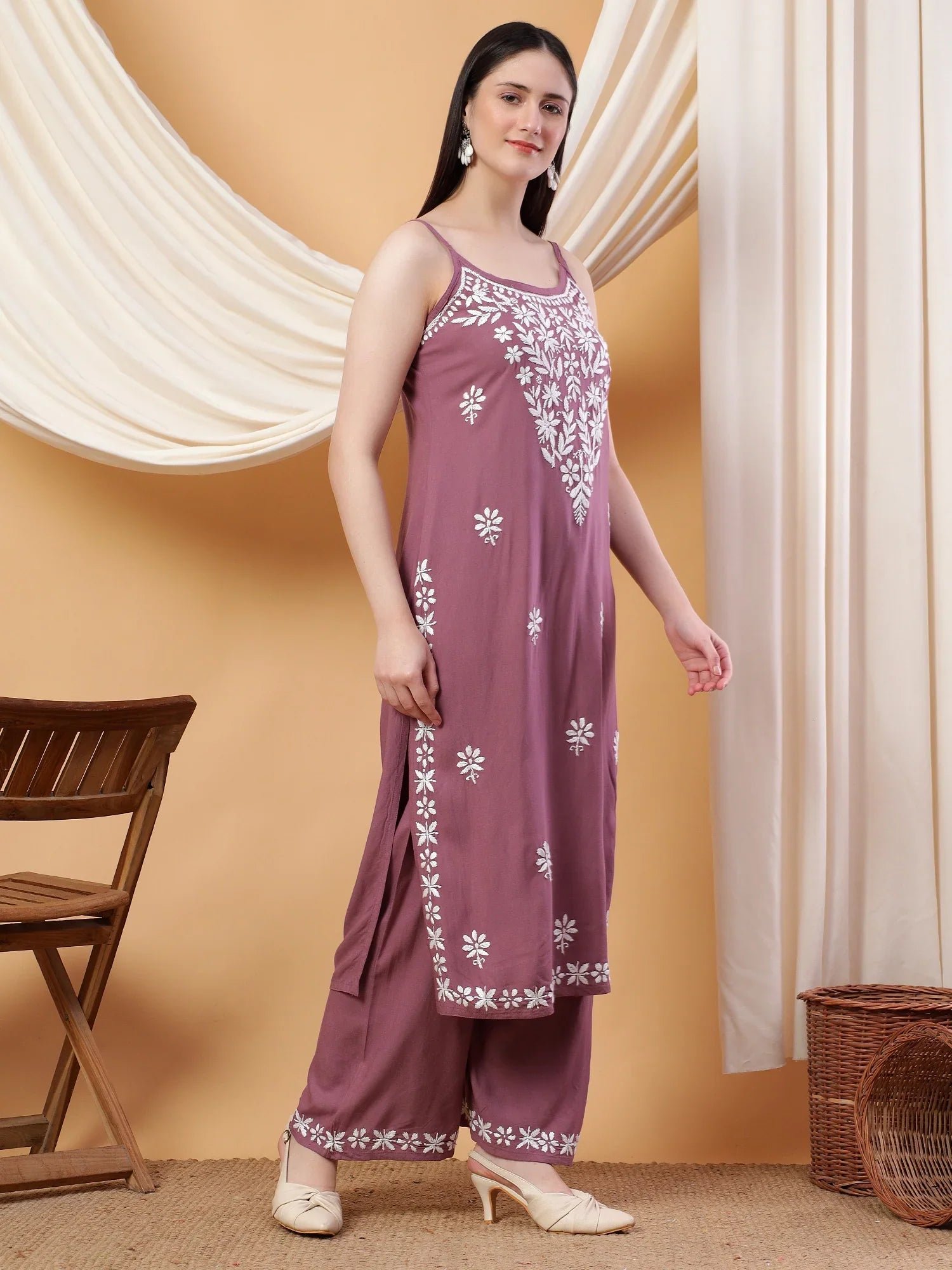 Raha Chikankari Strappy Rayon Co-ord Set (Mauve) - Image 3