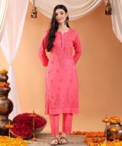 Ananya Chikankari Kurta Pant Cotton Co-ord Set (Coral) - Image 7