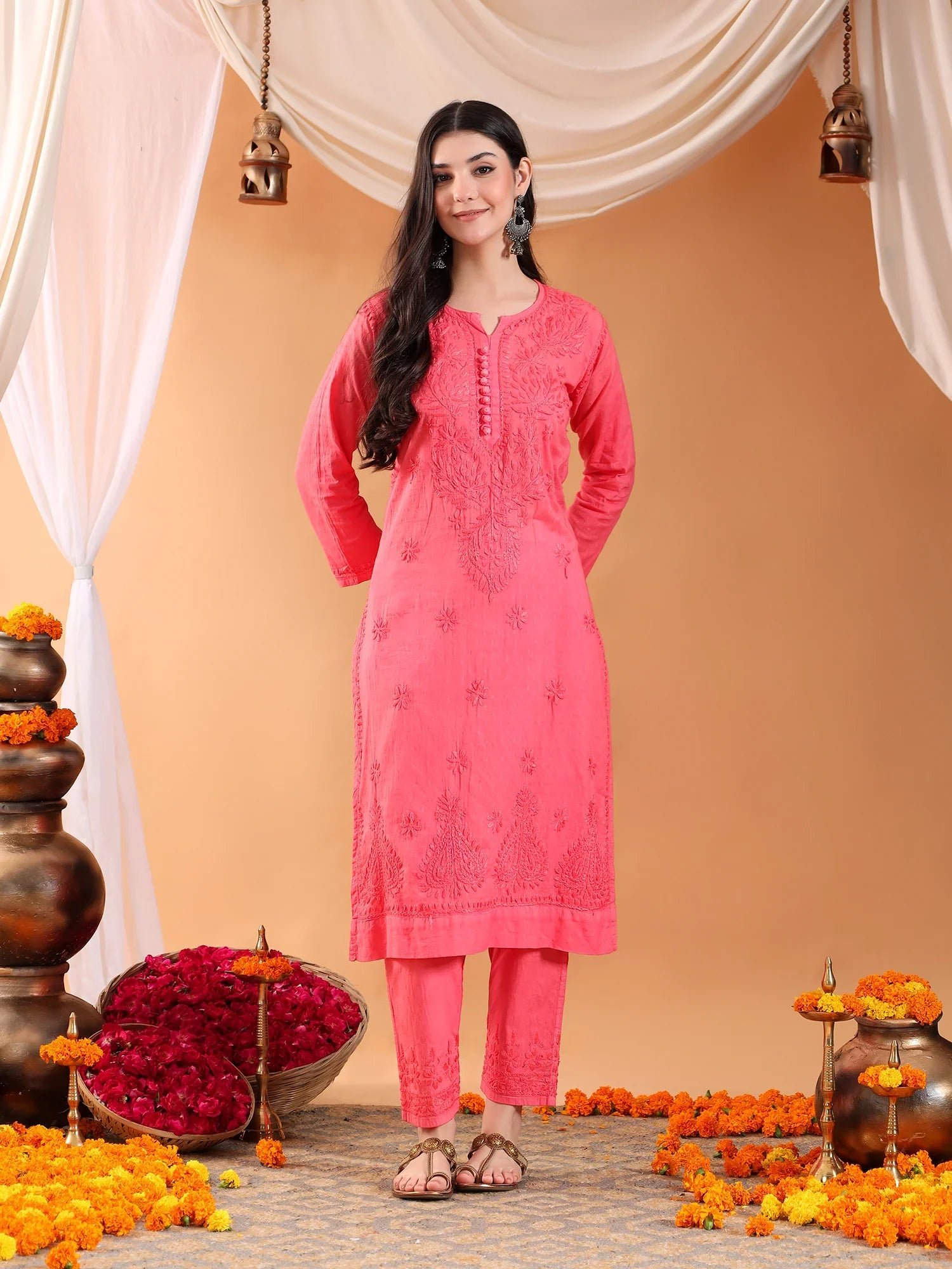Ananya Chikankari Kurta Pant Cotton Co-ord Set (Coral) - Image 7