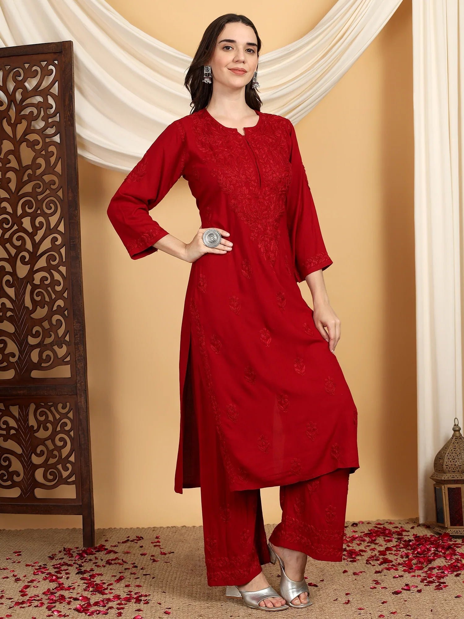 Faiza Chikankari Rayon Co-ord Set (Maroon) - Image 5