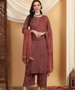 Alternative view of Farha Chikankari Premium Modal Co-ord Set (Brown)