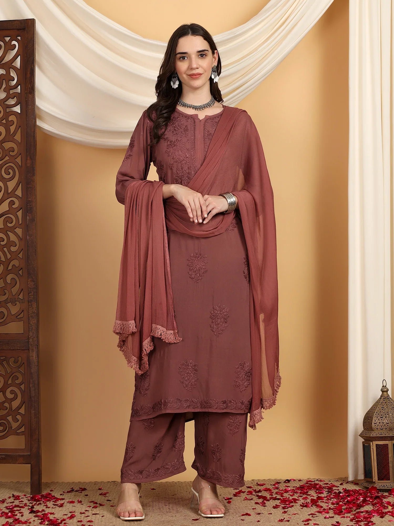Farha Chikankari Premium Modal Co-ord Set (Brown) - Image 2