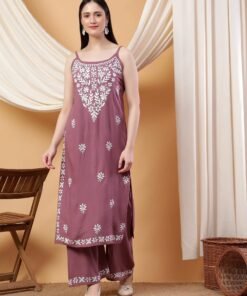 Raha Chikankari Strappy Rayon Co-ord Set (Mauve) - Image 4