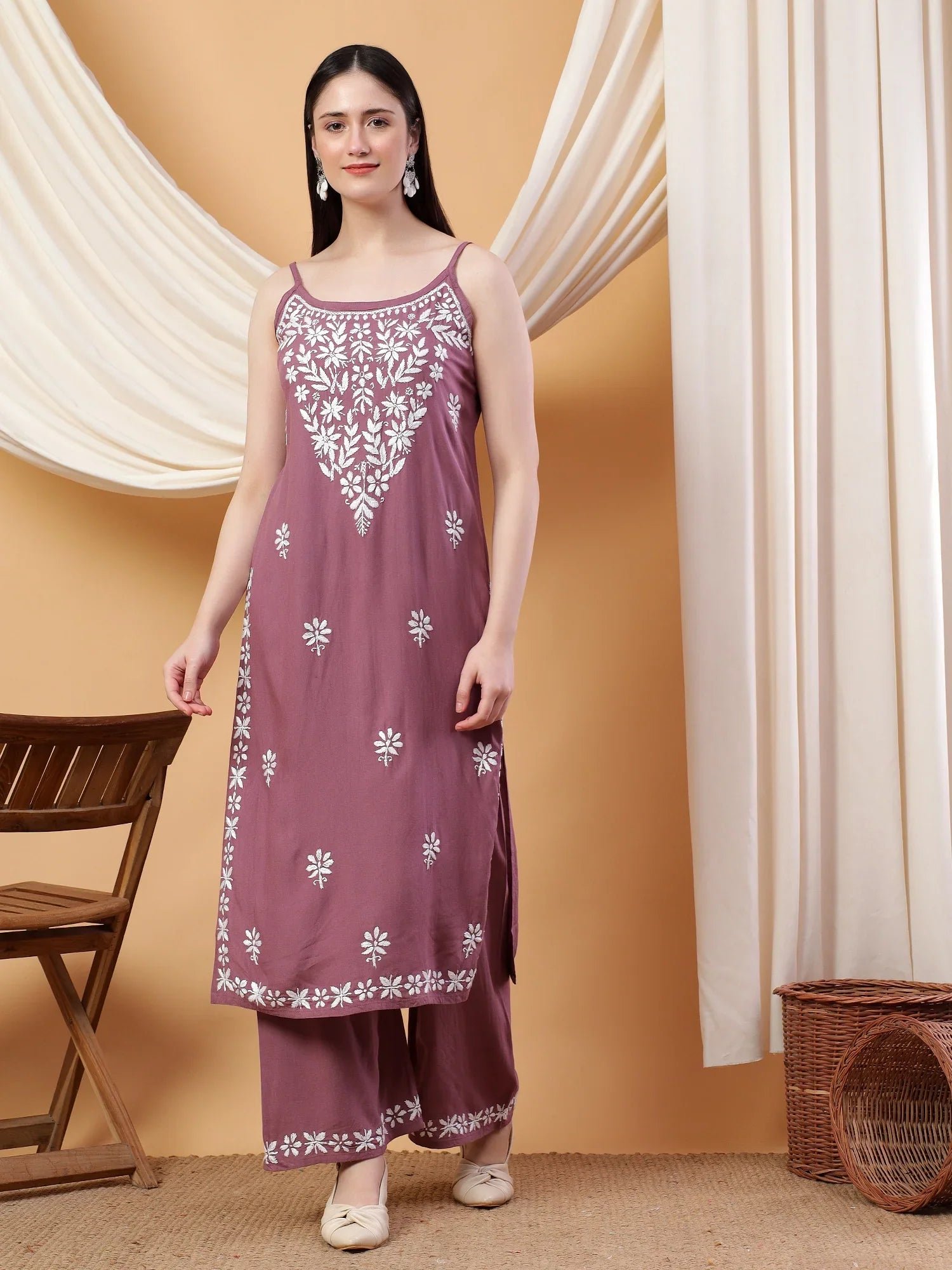 Raha Chikankari Strappy Rayon Co-ord Set (Mauve) - Image 4