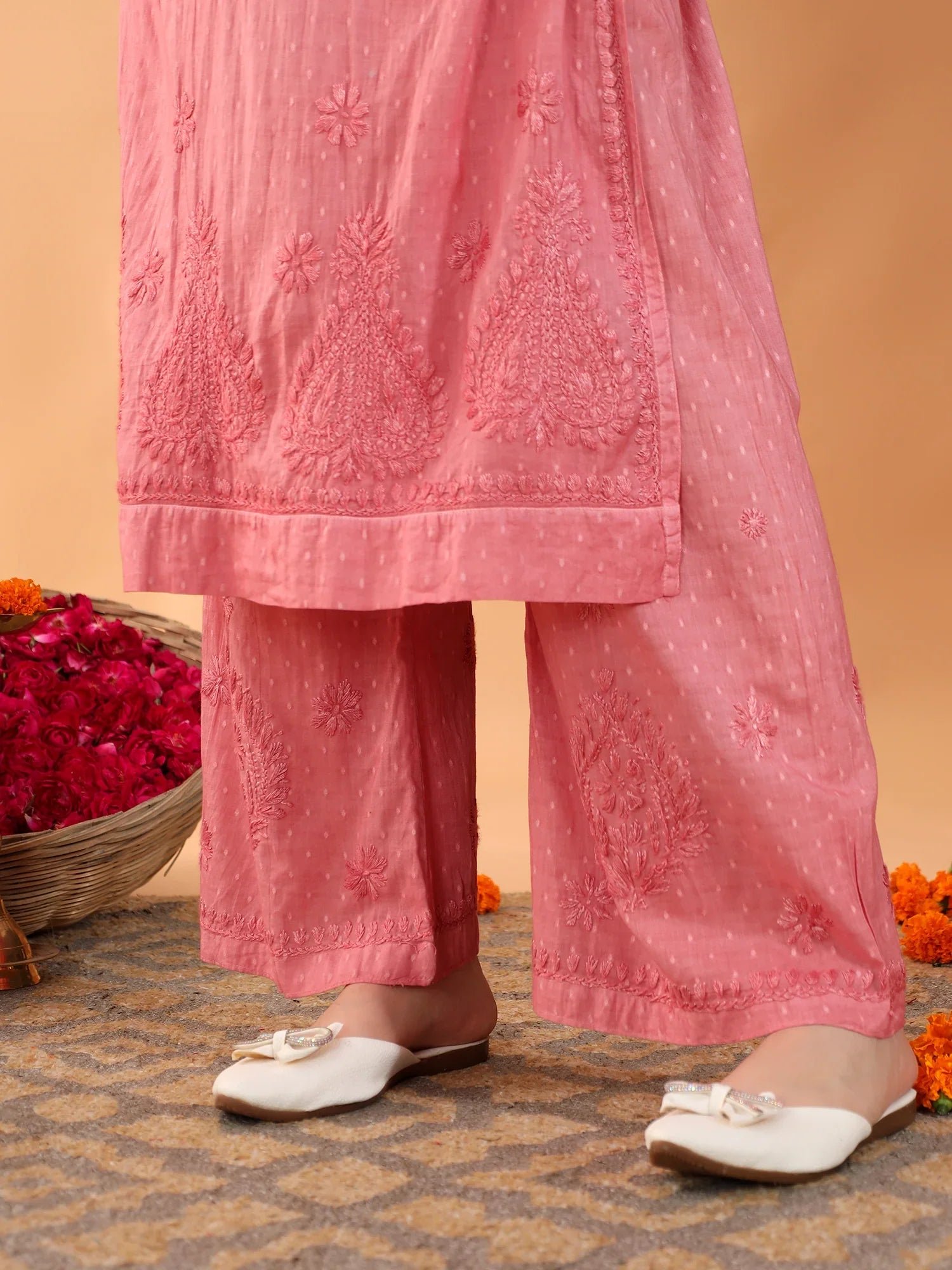 Priya Chikankari Kurta Palazzo Cotton Co-ord Set (Nude Coral) - Image 4