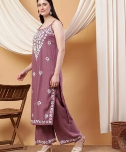 Raha Chikankari Strappy Rayon Co-ord Set (Mauve) - Image 5