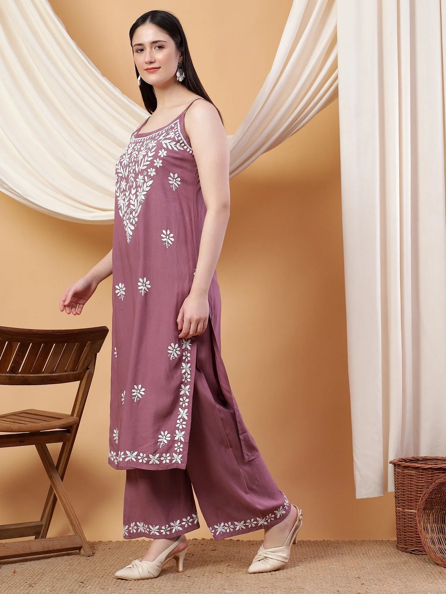 Raha Chikankari Strappy Rayon Co-ord Set (Mauve) - Image 5