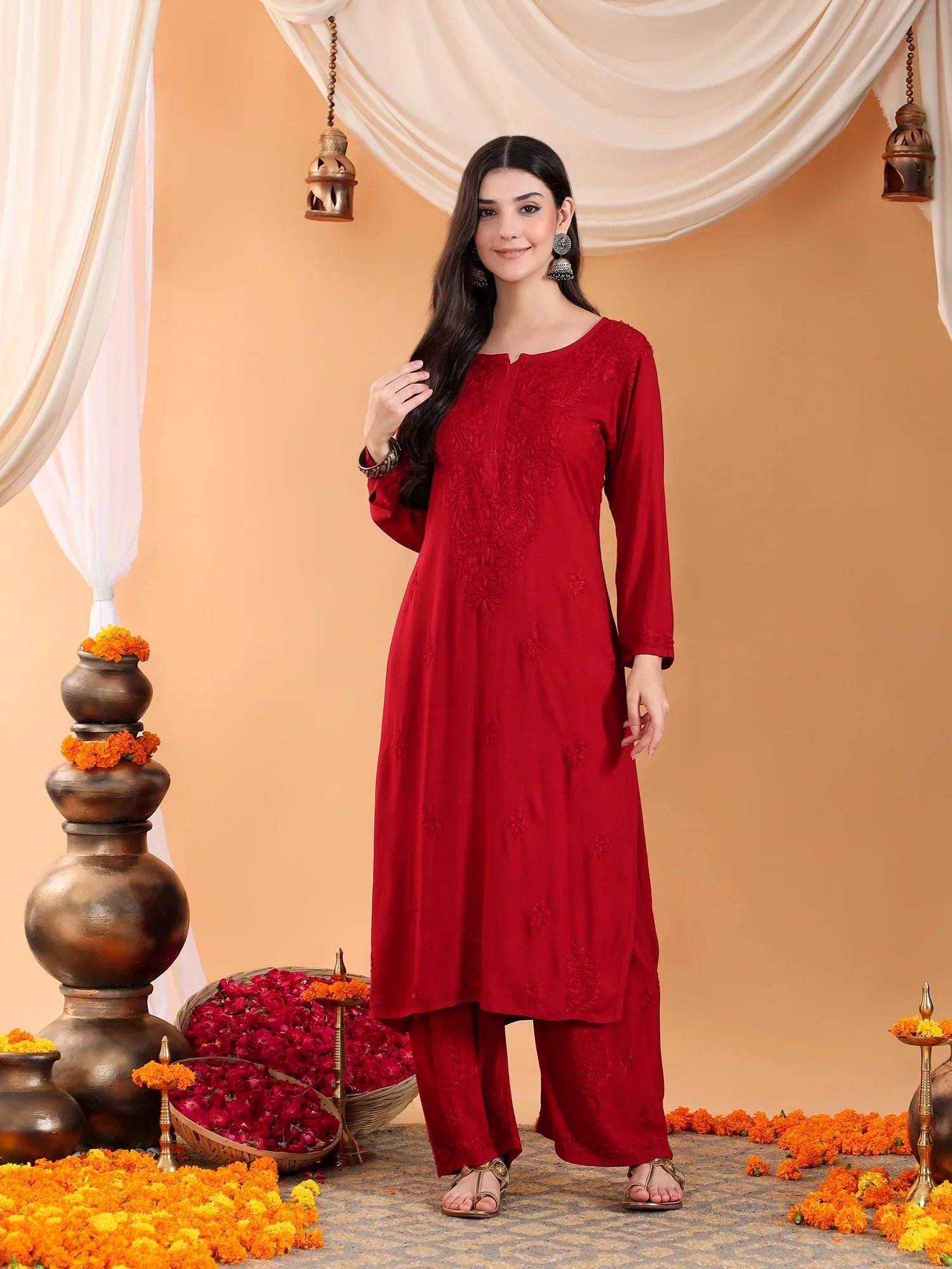 Maryam Chikankari Rayon Co-ord Set (Maroon) - Image 7