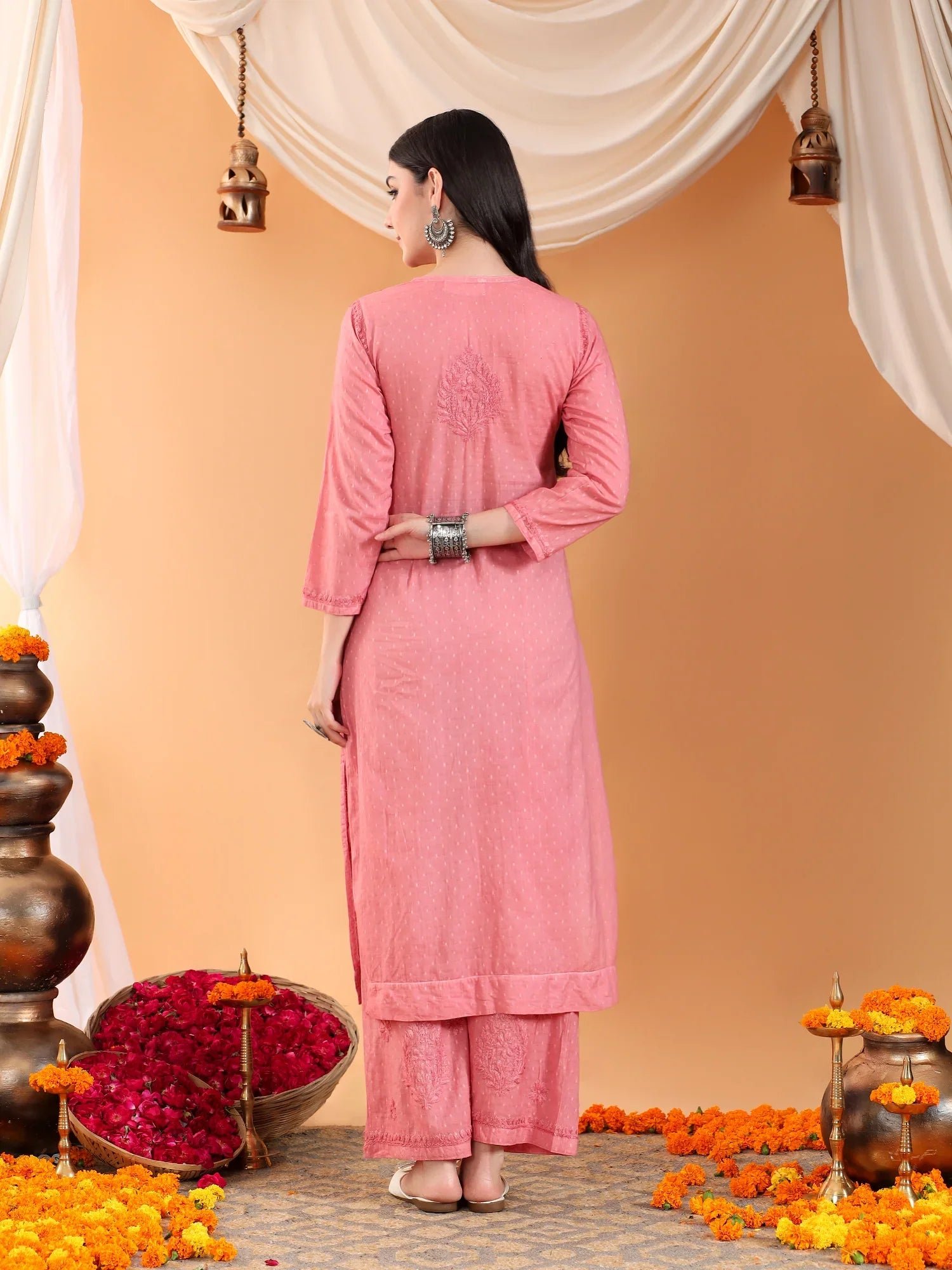 Priya Chikankari Kurta Palazzo Cotton Co-ord Set (Nude Coral) - Image 5