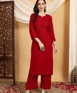 Faiza Chikankari Rayon Co-ord Set (Maroon)